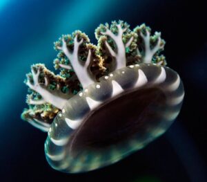 Medusa invertida con tentáculos hacia arriba, similar a un coral.
